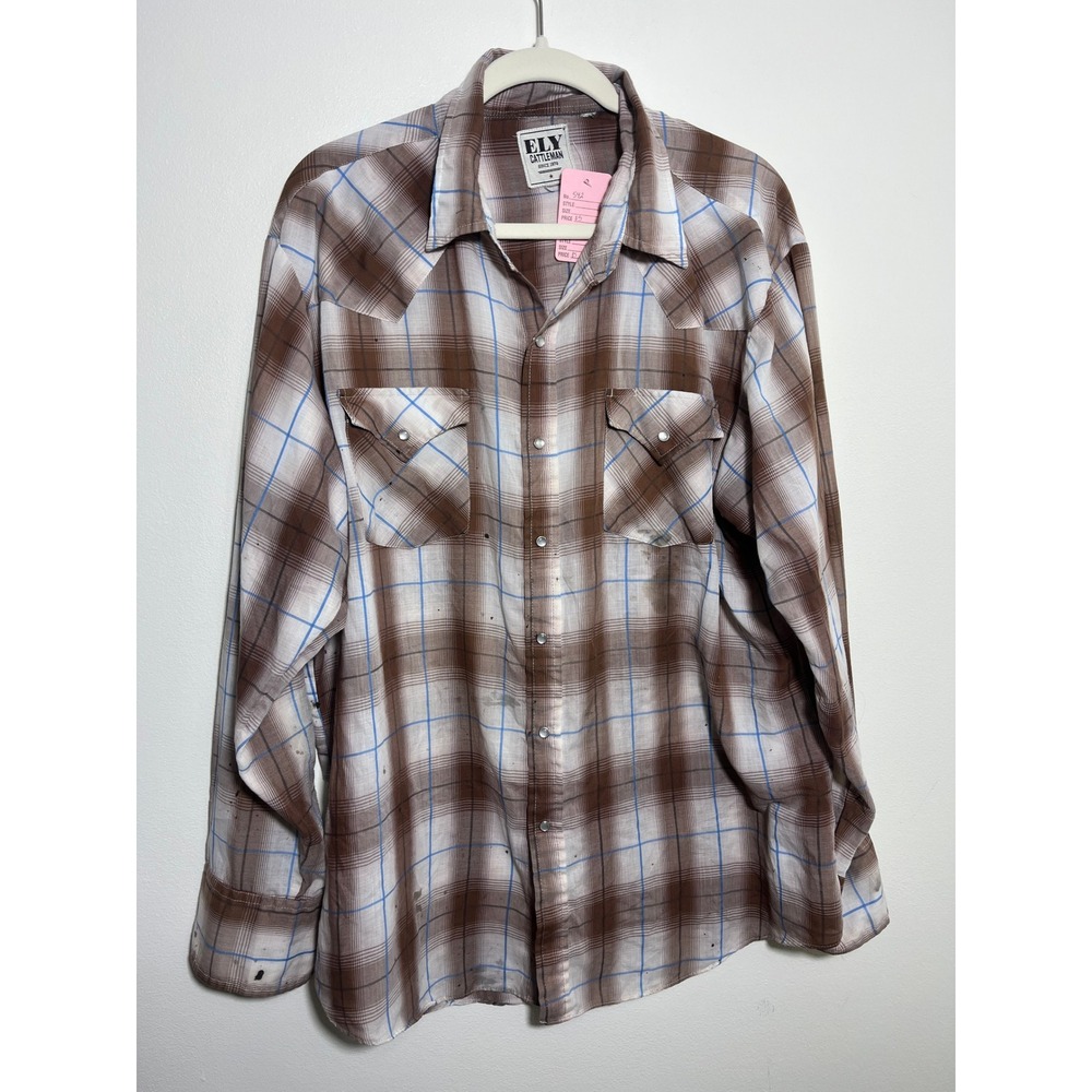Vintage Ely Cattleman Mens Brown Plaid Pearl Snap Western Shirt Distressed